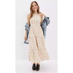 AMERICAN EAGLE Prairie Floral Tiered Maxi Dress Lace Up‎ Back Cream Sz XXL